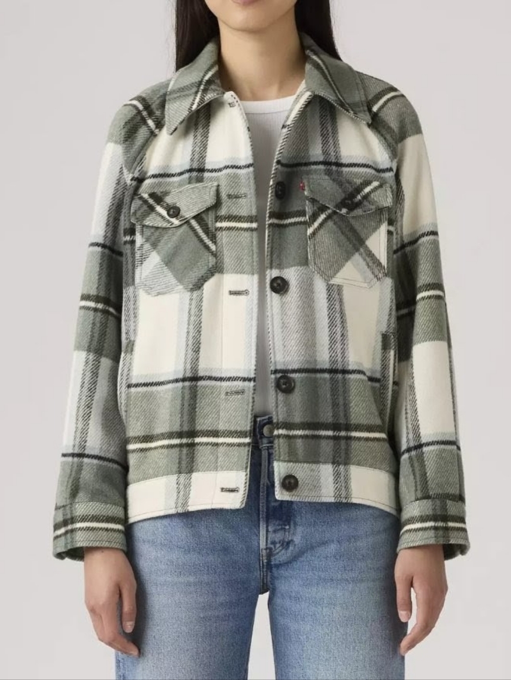 Levi's Women's Green Plaid Oversized Raglan Sleeve Shirt Jacket Size L Large
